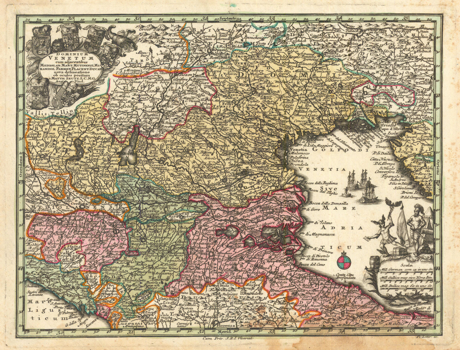 Dominium Venetum cum Adjacentibus… Veneto/Northern Italy by Seutter c1744 map